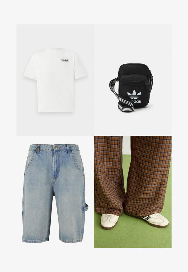Bílý bavlněný tričko s modře vyšívaným logem "Timberland Rugged Active Gear" na levé horní části hrudi. Krátké rukávy a kulatý výstřih.; Džíny šortky v světle modré barvě, s klasickým designem pěti kapes, viditelnými švy a boční kapsou s poutkem.; Hnědo-modré kostkované široké kalhoty doplněné bílými botami s černými akcenty a texturovanou podrážkou, umístěné na zeleném pozadí.; Černá crossbody taška z látky se zipovým uzávěrem, obsahující bílé logo Adidas a pruhovaný nastavitelný popruh pro snadné nošení.