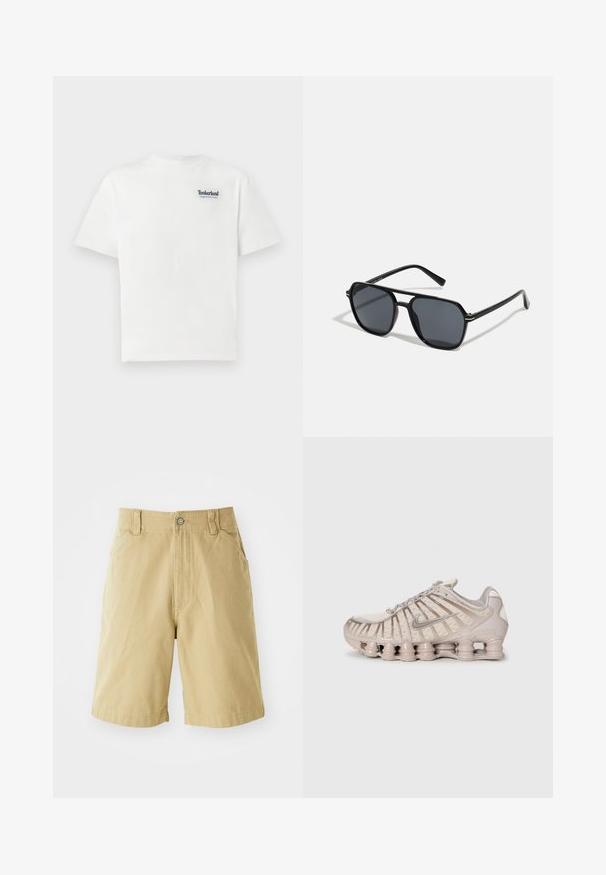 Bela bombažna majica s kratkimi rokavi, ki na zgornjem levem delu prsi nosi modro vezeno besedilo "Timberland Rugged Active Gear". Okrogla ovratnica.; Khačene kratke hlače iz bombaža, z zadrgo, gumbom za zapiranje, dvema stranskima žepoma in sproščenim krojem. Gladka tekstura, dolžina do kolen.; Svetlo bež športna obuvala z mrežasto zgornjim delom, strukturirano zasnovo in značilno oblazinjeno podplat, ki vsebuje valjaste sekcije.; Črne sončne naočniki z oktagonalnim okvirjem, temnimi lečami, sijočo površino, tankimi nogicami in zlatimi detajli spredaj.