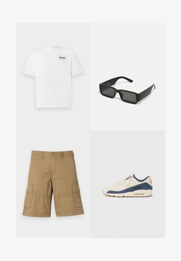 Witte katoenen T-shirt met een blauw geborduurd logo "Timberland Rugged Active Gear" op de bovenste linkerborst. Korte mouwen en ronde hals.; Kango shorts van khaki stof met een rechte snit, voorzien van twee zijzakken en een knoopsluiting in de taille. Soepele textuur overal.; Sneakers met een crème leren en marineblauwe suède bovenkant, voorzien van een zichtbare luchtzool, beige rubberen buitenzool en een rode accent op de hiel.; Zwarte zonnebril met rechthoekige lenzen, matte plastic montuur en rechte randen. Bevat het merkteken op de binnenarm.