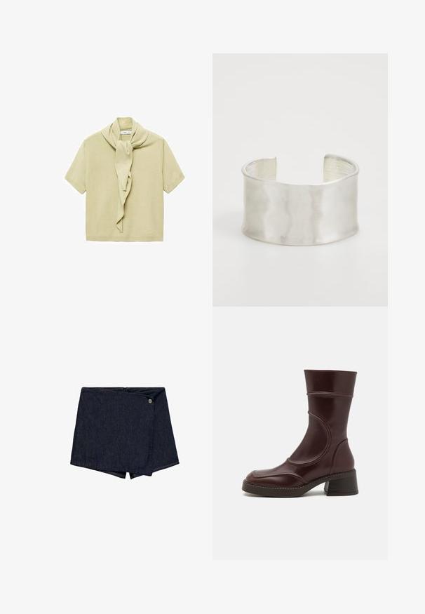 Lys beige kortærmet striktop med fastgjort tørklædsdetalje draperet omkring halsudskæringen.; Mørke denim shorts med en omslagsdesign og en knap foran. Har en ren kant og en glat tekstur.; MIISTA MALENE - Støvletter - brown; Zign Armbånd - silver-coloured