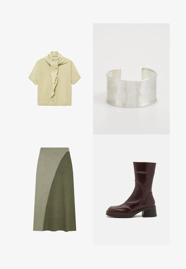 Světle béžový krátký rukáv pletený top s připevněným šátkem, který visí kolem výstřihu.; Olivově zelená sukně v polodlouhém A-linii, vyrobená z texturované tkaniny s diagonálním rozparkem v jasnějším odstínu.; MIISTA MALENE - Kotníkové boty - brown; Zign Náramek - silver-coloured