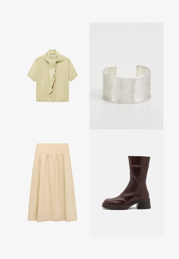 Lys beige kortærmet striktop med fastgjort tørklædsdetalje draperet omkring halsudskæringen.; Beige midi nederdel lavet af letvægtigt stof, med elastisk talje, samlet design og en kant med en diskret frynse. ; MIISTA MALENE - Støvletter - brown; Zign Armbånd - silver-coloured