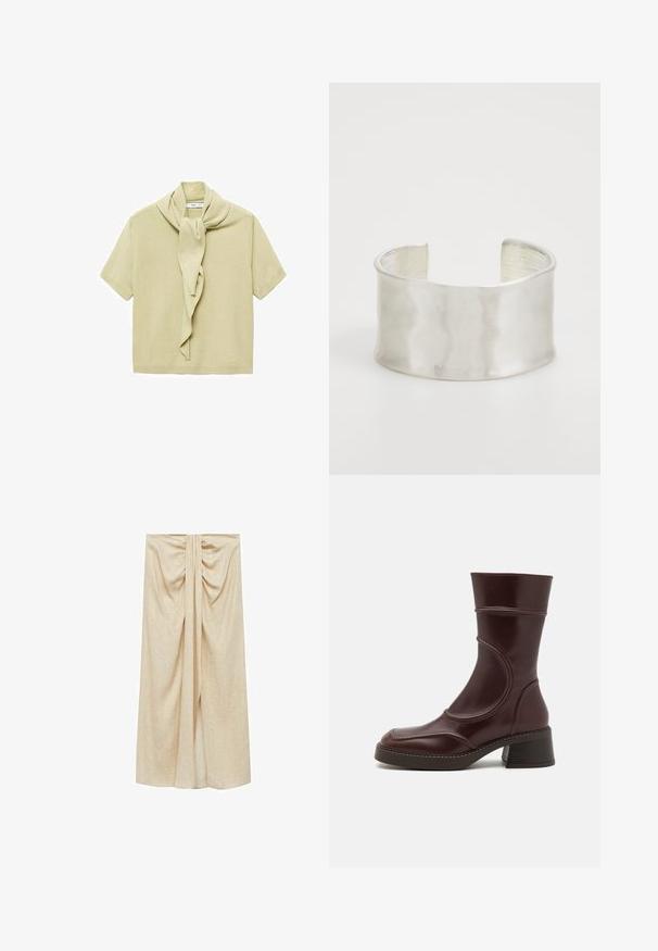 Vaaleanbeige lyhythihainen neulepaita, jossa on kaula-aukossa roikkuva huivikuvio.; Beige, polvihämärä hame, joka on valmistettu pehmeästä kankaasta. Hameessa on gathered-muotoilu vyötäröllä ja sivussa halkio, joka lisää liikkuvuutta ja tyyliä.; MIISTA MALENE - Klassiset nilkkurit - brown; Zign Rannekoru - silver-coloured