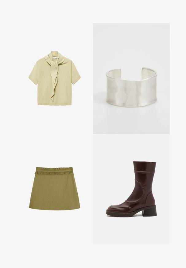 Jasno beżowy, krótkoszeregowy top dziany z dołączonym detalem w postaci szala opasanego wokół dekoltu.; Spódnica w oliwkowym kolorze wykonana z bawełny, z falbanistym paskiem w talii i rozszerzającym się krojem. Gładka tekstura, długość do połowy uda.; MIISTA MALENE brązowy; Zign - Bransoletka