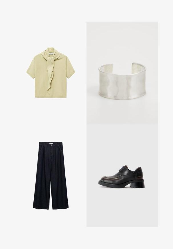 Maglietta a maniche corte in maglia beige chiaro con dettaglio di sciarpa attaccato che si adagia attorno al collo.; Pantaloni larghi in denim scuro con vita alta, dotati di chiusura frontale con bottone, due tasche laterali e dettagli di cucitura.; Scarpa nera in pelle con punta rotonda, suola spessa in gomma e tacco basso a blocco. Presenta lacci blu e sottili accenti marroni sulla parte superiore.; Zign Bracciale - silver-coloured