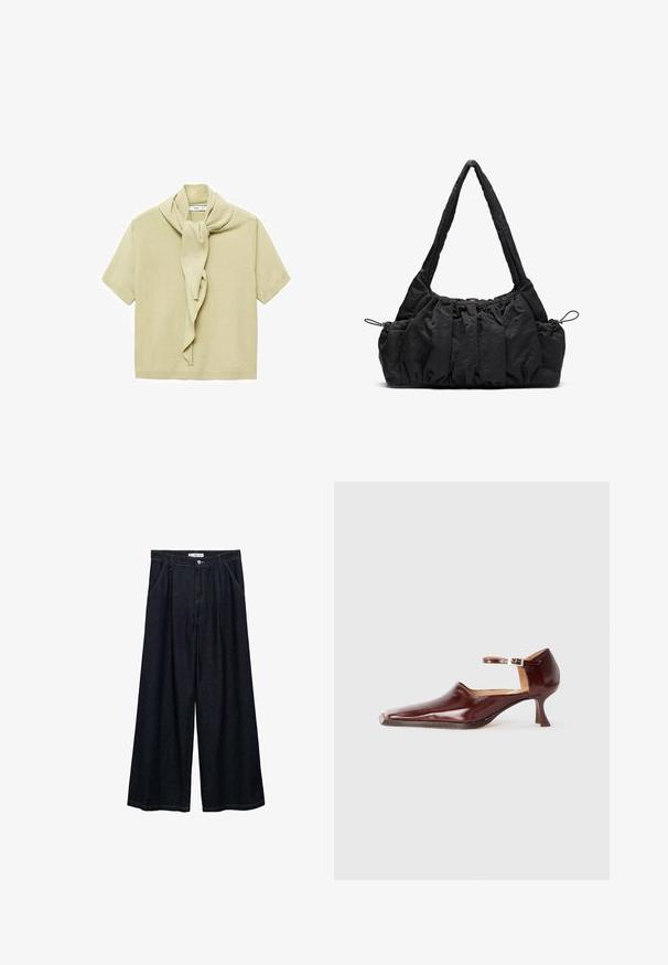Cămașă tricotată scurtă, de culoare bej deschis, cu detaliu de eșarfă atașat, care se drapează în jurul gâtului.; Pantaloni largi din denim închis, cu talie înaltă, având un închidere cu nasture frontal, două buzunare laterale și detalii de cusătură.; Pantof burgundiu din piele lăcuită, cu vârf ascuțit, curea la gleznă și toc conic de 5 cm. Textură netedă și design minimalist.; Geantă de mână din țesătură neagră cu textură pliată, două curele de umăr și închidere cu șnur pe laterale. Material neted și ușor.