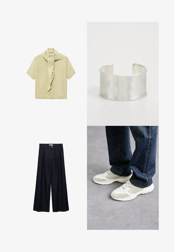 Cămașă tricotată scurtă, de culoare bej deschis, cu detaliu de eșarfă atașat, care se drapează în jurul gâtului.; Pantaloni largi din denim închis, cu talie înaltă, având un închidere cu nasture frontal, două buzunare laterale și detalii de cusătură.; Adidași în gri deschis și bej moale, din plasă cu accente de microfibra. Prezintă un design cu șireturi și o talpă groasă din cauciuc alb. Purtați cu blugi albaștri.; Zign Brăţară - silver-coloured