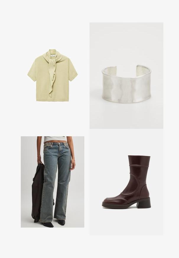 Svetla bež kratkotrajna pletena majica s pripetim šal detajlom, ki se ovija okoli izreza.; Svetlo modri denim džins s sproščenim krojem, z naravno višino pasu, vidnim šivom in klasičnim dizajnom s petimi žepi. Prisotni so tudi črna obutev in temen jkt.; MIISTA MALENE - Klasični gležnjarji - brown; Zign Zapestnica - silver-coloured