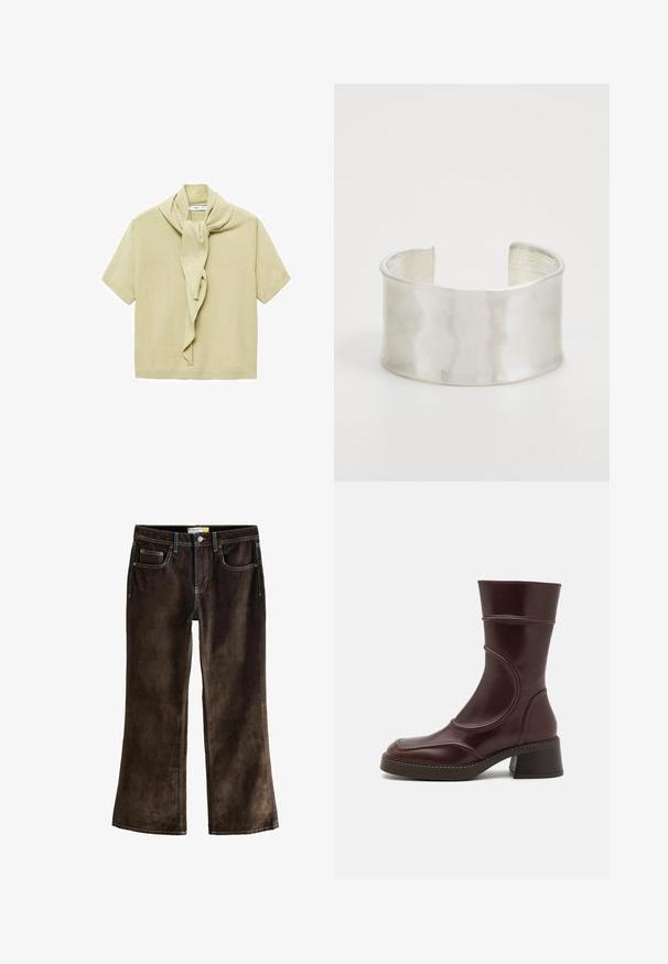 Lys beige kortærmet striktop med fastgjort tørklædsdetalje draperet omkring halsudskæringen.; Brune kordfløjls bootcut jeans med kontrasterende gul syning, fem lommer og en knaplukning i taljen.; MIISTA MALENE - Støvletter - brown; Zign Armbånd - silver-coloured