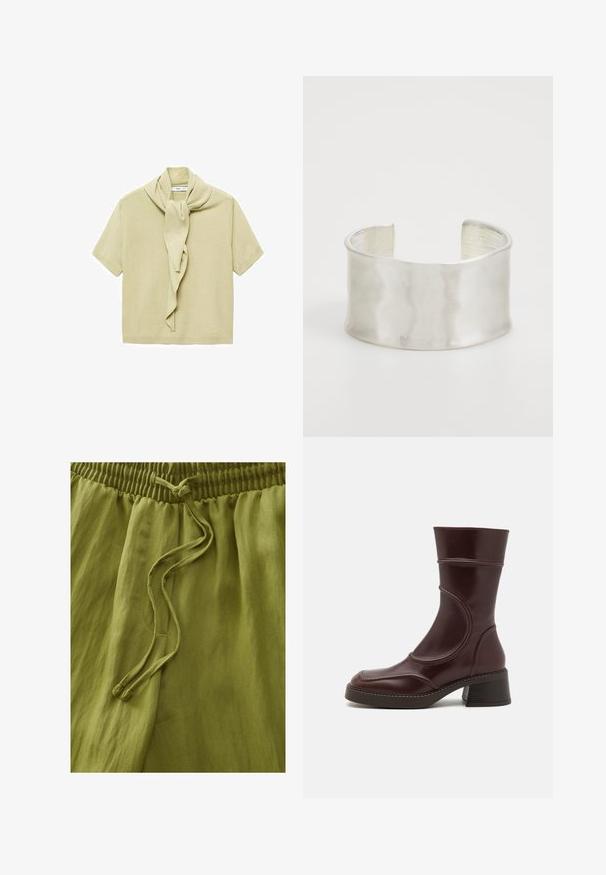 Helles beige Strickoberteil mit kurzen Ärmeln und angehängtem Schaldetail, das um den Hals drapiert ist.; Olivgrüne Hosen aus leichtem Stoff. Mit einem elastischen Bund und Kordelzug. Glatte Textur mit weichem Fall.; MIISTA MALENE - Stiefelette - brown; Zign Armband - silver-coloured