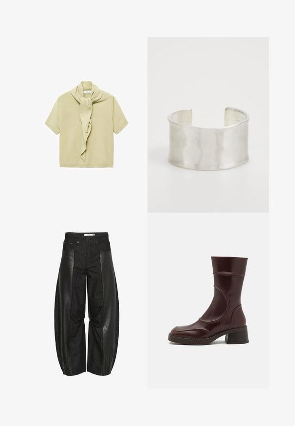 Top de punto cortos de manga en color beis claro con detalle de bufanda adjunta drapeada alrededor del escote.; Pantalones negros que presentan una combinación de paneles de denim y cuero. El diseño es de pierna ancha con variaciones de textura, creando un contraste visual distintivo.; MIISTA MALENE - Botines - brown; Zign Pulsera - silver-coloured