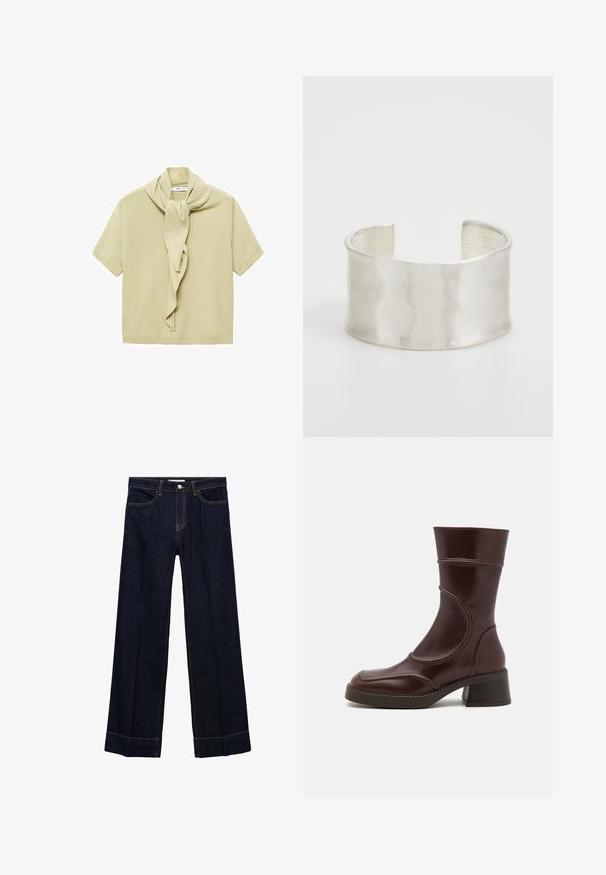Svijetlobejž kašmirna majica kratkih rukava s pričvršćenim detaljem šal koji pada oko izreza.; Tamno plave traperice širokih nogavica, s prednjim zatvaranjem na gumb, pet džepova i kontrastnim šavovima.; MIISTA MALENE - Klasične gležnjače - brown; Zign Narukvica - silver-coloured