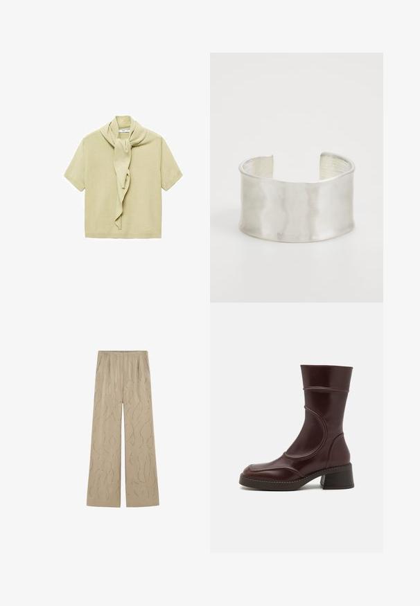 Lichtbeige korte mouwen gebreid top met een bevestigde sjaaldetail die rond de halslijn hangt.; Beige wijde broek van gladde stof, met een golvend zilver patroon en een elastische tailleband, voorzien van zijzakken.; MIISTA MALENE - Lage laarzen - brown; Zign Armband - silver-coloured