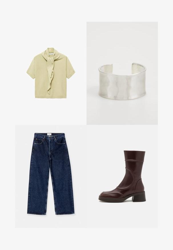 Lichtbeige korte mouwen gebreid top met een bevestigde sjaaldetail die rond de halslijn hangt.; Donkerblauwe denim wijde broek met hoge taille, voorzakken en een gladde textuur met subtiele stikselaccenten.; MIISTA MALENE - Lage laarzen - brown; Zign Armband - silver-coloured