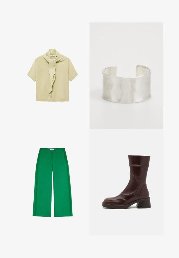 Light beige short-sleeve knit top with attached scarf detail draped around the neckline.; Green wide-leg trousers made from textured fabric, featuring scalloped accents along the side seams and a relaxed fit.; MIISTA MALENE - Classic ankle boots - brown; Zign Bracelet - silver-coloured