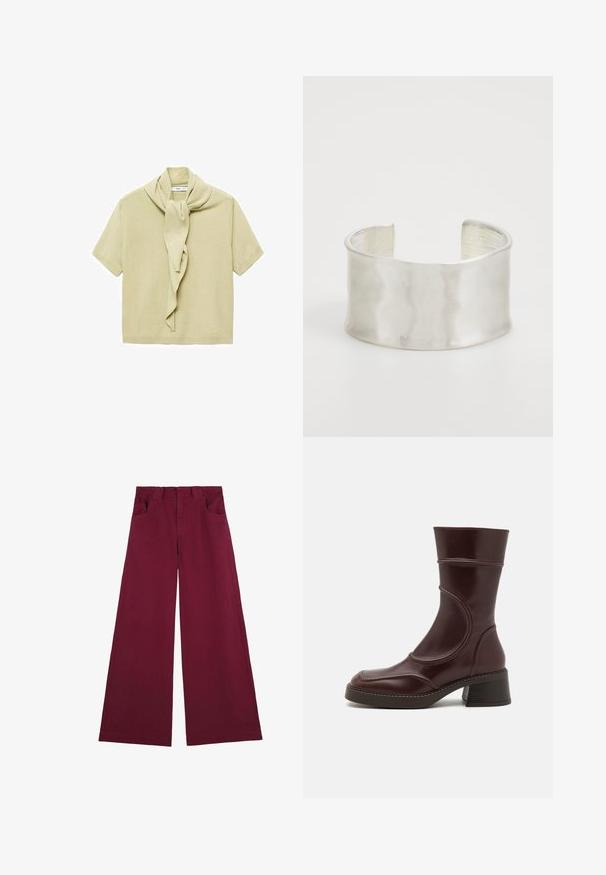 Helles beige Strickoberteil mit kurzen Ärmeln und angehängtem Schaldetail, das um den Hals drapiert ist.; Burgunderfarbene weit geschnittene Hose aus Baumwolle mit glatter Textur, ausgestattet mit zwei Fronttaschen und einem klassischen Taillenbunddesign.; MIISTA MALENE - Stiefelette - brown; Zign Armband - silver-coloured