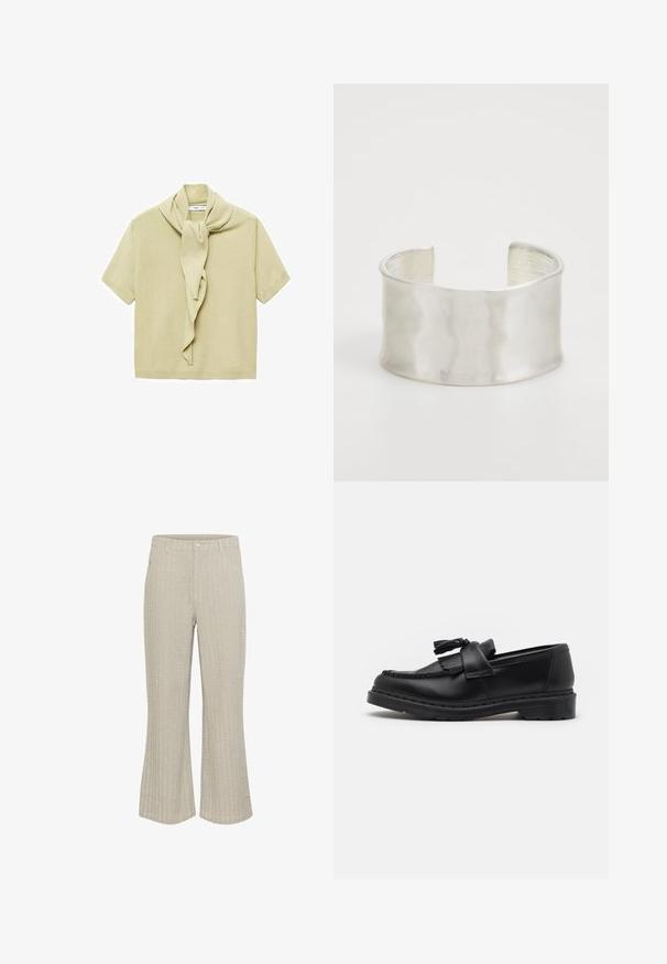 Lys beige kortærmet striktop med fastgjort tørklædsdetalje draperet omkring halsudskæringen.; Beige buede bukser med tekstureret ribmønster, der har en frontlukning med knap og lommer. Stoffet ser blødt ud med en let glans.; Sort læderloafer med frynseaccent, syede detaljer langs kanten og en tyk gummisål for holdbarhed.; Zign Armbånd - silver-coloured