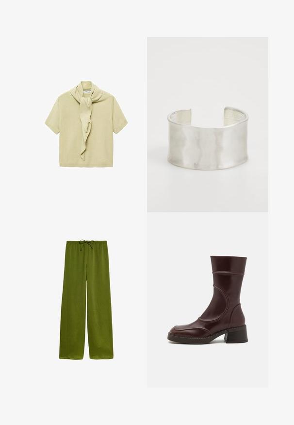 Top de punto cortos de manga en color beis claro con detalle de bufanda adjunta drapeada alrededor del escote.; Pantalones anchos y verdes, hechos de una tela ligera, con cintura elástica y un sutil patrón texturizado en todo su diseño.; MIISTA MALENE - Botines - brown; Zign Pulsera - silver-coloured