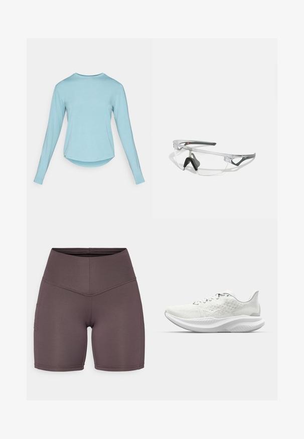 Vaaleansininen pitkähihainen pyöreäkauluksinen paita, jossa on hieman kaareva helma, esitetty litteänä valkoista taustaa vasten.; Korkeavyötäröiset, istuvat shortsit pehmeästä, joustavasta kankaasta hillityssä ruskeassa värissä. Varustettu litteillä saumoilla ja sivutaskuilla.; Valkoiset urheilukengät, joissa on tekstuuripinta, nauhakiristys ja pehmustettu pohja, jonka muotoilu on aaltoileva. Huomaamaton brändäys sivulla.; Läpinäkyvät turvalasit, joissa on kevyt, läpinäkyvä kehys ja harmaat yksityiskohdat. Varustettu ympäröivällä muotoilulla ja säädettävällä nenätyynyllä.