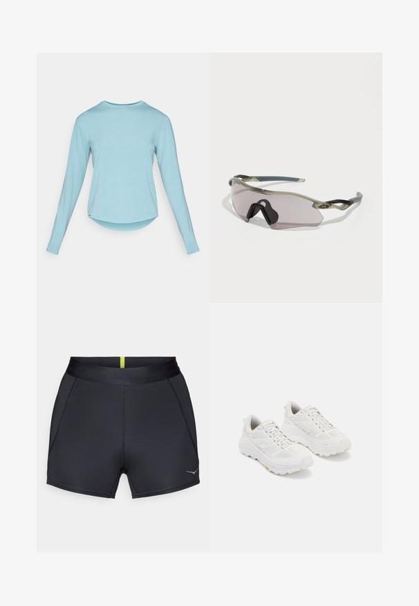 Világoskék, hosszúujjú, kerek nyakú póló, enyhén ívelt aljjal, fehér háttér előtt, laposan elhelyezve.; Fekete sportnadrág sima textúrával, széles gumis derékkal és karcsú szabással. A hátsó részen egy vékony sárga csík látható.; Fehér sportcipők, amelyek hálós felsőrésszel, megerősített orral, vastag párnázott talppal és mintás tapadófelülettel rendelkeznek.; Átlátszó szürke keretű napszemüveg, tónusos lencsékkel és szögletes dizájnnal. Kiemelkedő orrbetéte és texturált sötétszürke templomkarjai vannak.