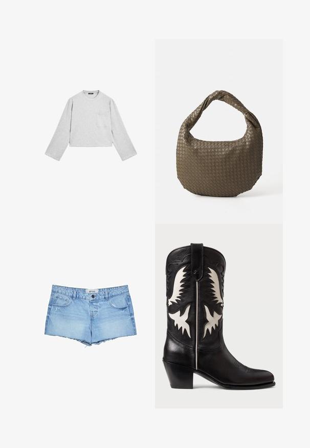 Szara, krótka bluzka z długim rękawem, wykonana z miękkiego materiału. Posiada okrągły dekolt i jedną kieszeń na piersi. Gładka tekstura z casualowym fasonem.; Jasnoniebieskie szorty dżinsowe z postrzępionym dołem, z pięcioma kieszeniami, zapięciem na guzik z przodu oraz metką marki w pasie.; Czarne skórzane kowbojskie buty z białymi kątowymi akcentami, z dekoracyjnym przeszyciem, spiczastym noskiem i niskim, warstwowym obcasem.; Woven oliwkowa torebka o zaokrąglonym kształcie i skręconym uchwycie. Teksturowana powierzchnia zdobiona jest diagonalnym wzorem. Zamek błyskawiczny.