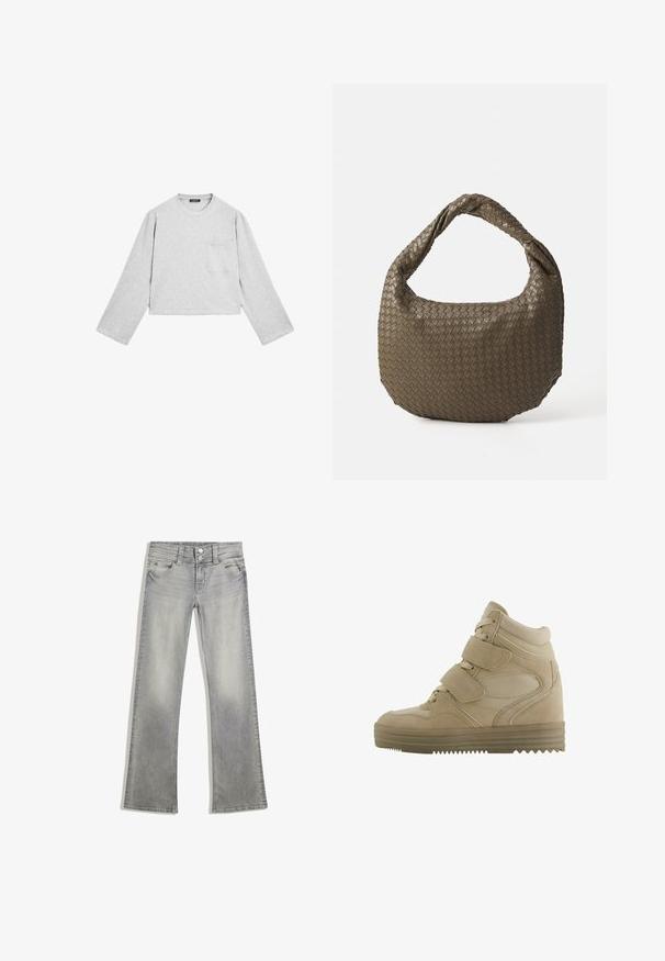 Grå, kortärmad långärmad skjorta av mjukt tyg. Har rund hals och en bröstficka. Slät struktur med en avslappnad design.; Grå denim flare jeans med en blekt finish, med knappstängning, fem fickor och sömmar längs midjan och fållen.; Beiga högstövlar i sneakersstil med en design i mocka och mesh, justerbara kardborreband och en tjock gummisula med ett zigzag-mönster.; Vävd olivgrön handväska med rund form och vriden handtag. Texturerad yta har ett diagonalt mönster. Dragkedjestängning.