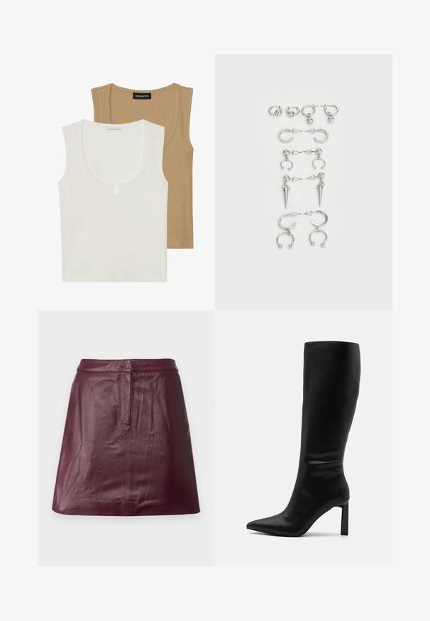 Dve majice brez rokavov: ena smetana barve z okroglim izrezom in rahlim sprednjim detajlom, druga svetlo rjava, obe z rebrasto teksturo in širokimi naramnicami.; Burgundska usnjena mini krila z gladko teksturo, ki ima sprednji šiv in klasičen pas. Brez vidnih zapiral ali žepov.; Even&Odd Škornji - black; Komplet srebrnih ušesnih uhani z različnimi oblikami: obroči, stud earrings in viseči slogi, z okroglimi poudarki in koničnimi elementi.