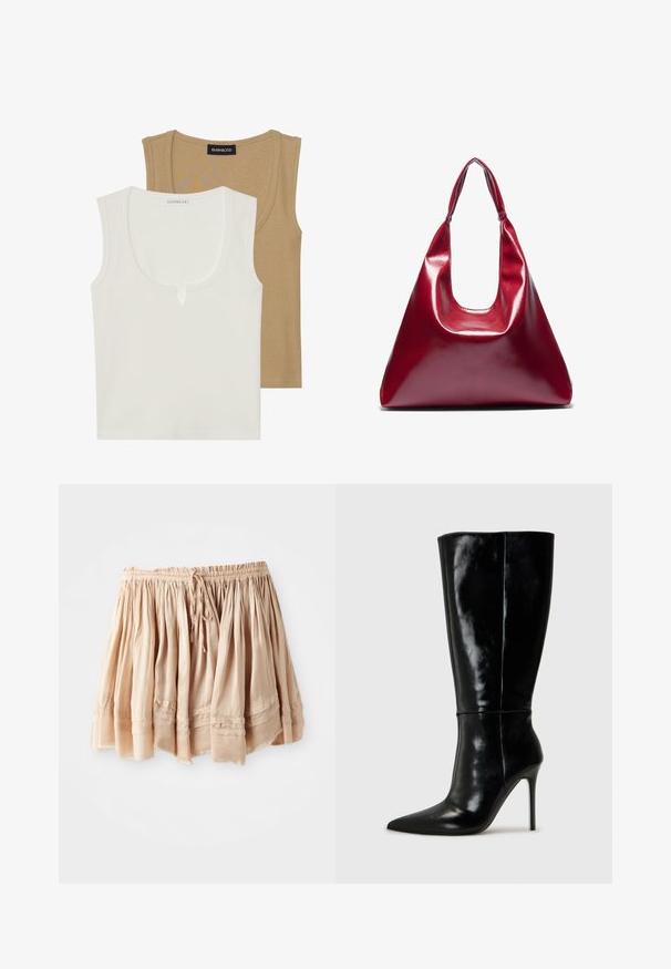 Kaks tanki: üks koorevärvi, ümarate krae ja kerge esikujundusega, teine helepruun, mõlemad ribatekstsuurusega ja laiate õlapaeladega.; Heledbeez, kihiline seelik, mis on valmistatud pehmest kangast, elastse värviga ja reguleeritava nööriga, millel on peened voldid ja õmmeldud detailid.; Mustad nahast kuni põlveni ulatuvad saapad terava ninaga ja kõrge stiletto kontsaga. Sile tekstuur ja stiilne disain, millel on minimaalne kaunistus.; Punane läikiv nahast käekott kolmnurga kujuga, laia ülemise avaga ja ühe kõveriku käsitsemisega. Sile tekstuur, minimale stitching detailidega.; Hõbedaste kõrvarõngaste komplekt, mis sisaldab erinevaid stiile: rõngad, kõrvaaugud ja rippuvad mudelid, millel on kuulitaolised aktsendid ja teravad elemendid.