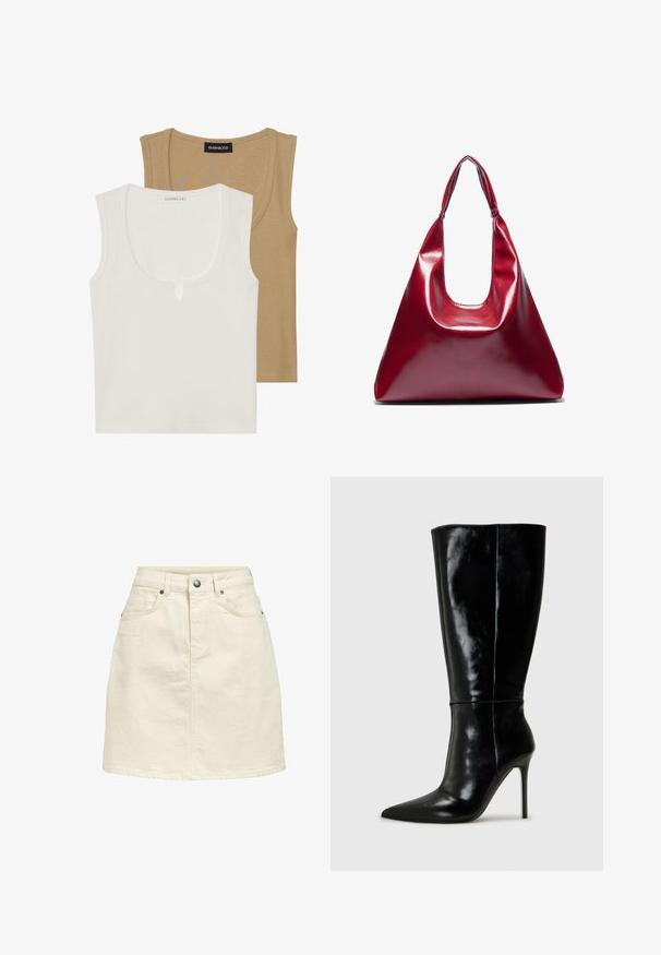 Twee tanktops: de ene in crème met een ronde hals en een lichte details aan de voorkant, de andere lichtbruin, beide met een geribbeld textuur en brede schouderbanden.; Denim rok in een lichtbeige kleur, met een rechte snit, vijf-pocket ontwerp, knoopsluiting en een subtiele textuur.; Zwarte leren kniehoge laarzen met een spitse neus en hoge stiletto hak. Soepele textuur en strak ontwerp, met minimale detailing.; Rode glanzende leren handtas met een driehoekige vorm, brede opening aan de bovenkant en een enkele gebogen handgreep. Gladde textuur met minimale stikseldetails.; Set van zilveren oorbellen met verschillende ontwerpen: hoops, studs en hangende stijlen, met balletjes en puntige elementen.