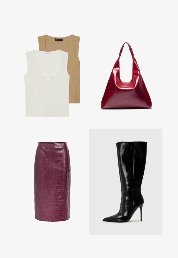 Deux débardeurs : l'un crème avec un col rond et un léger détail à l'avant, l'autre marron clair, tous deux avec une texture côtelée et des bretelles larges.; Jupe crayon en simili cuir bordeaux avec une texture crocodile, dotée d'une fermeture éclair à l'arrière et de fentes latérales pour faciliter les mouvements.; Bottes noires en cuir, hautes jusqu'au genou, avec un bout pointu et un talon aiguille haut. Texture lisse et design épuré, avec un minimum de détails.; Sac à main en cuir laqué rouge de forme triangulaire, avec une large ouverture en haut et une seule anse courbée. Texture lisse avec des détails de couture minimaux.; Ensemble de boucles d'oreilles en argent présentant divers designs : créoles, puces et styles pendants, avec des accents de billes et des éléments pointus.