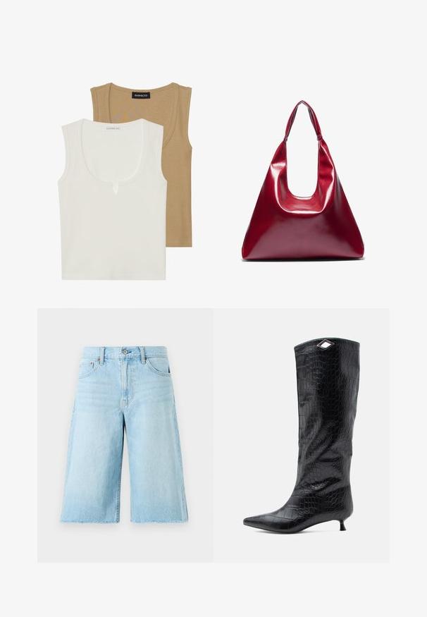 Két topp: az egyik krém színű, kerek nyakkivágással és enyhe elölnézeti részlettel, a másik világosbarna, mindkettő bordázott текстúrával és széles pántokkal.; Világoskék farmer rövidnadrág, laza fazonnal, kopott szegéllyel, öt zsebbel és fém kiegészítőkkel. Klasszikus farmer dizájn, enyhe kopással.; Fekete, magasított csizma fényes krokodilbőr megjelenésű bőrből, hegyes orral és kis cica sarkúval, a tetején szögletes ezüst díszítéssel.; Piros fényes bőrtáska háromszögletű formával, széles felső nyílással és egyetlen ívelt fogantyúval. Sima felület, minimális varrási részletekkel.; Ezüst fülbevalók készlete, különböző dizájnokkal: karikák, bedugós fülbevalók és lógó stílusok, golyós díszítésekkel és hegyes elemekkel.