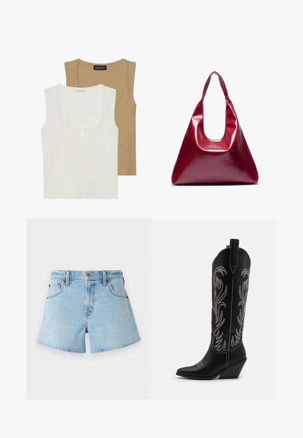 Dve tielka: jedno krémové s okrúhlym výstrihom a jemným detailom vpredu, druhé svetlohnedé, obe s rebrovanou textúrou a širokými ramienkami.; Svetlomodré denim šortky s klasickým dizajnom piatich vreciek, prešitou jemnou niťou a surovým lemom. Obsahujú kovový gombík a zips.; Čierne kožené kovbojské čižmy s špicatými prstami, klinovými podpätkami a striebornými vyšívanými kvetinovými vzormi po celej dĺžke. Kontrastné šitie po celom povrchu.; Červená lesklá kožená kabelka trojuholníkového tvaru so širokým vrchným otvorom a jedným zakriveným uchom. Hladký povrch s minimálnymi švami.; Sada strieborných náušníc s rôznymi dizajnmi: kruhové, puzety a visiace štýly, s okrúhlymi akcentmi a špicatými prvkami.
