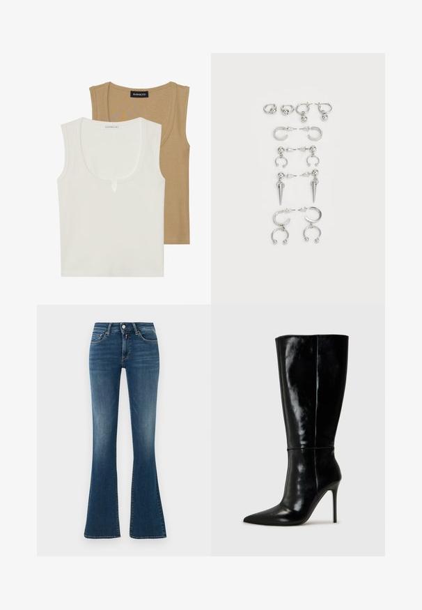 Dos camisetas sin mangas: una en crema con escote redondeado y un ligero detalle en el frente, y la otra en marrón claro, ambas con textura acanalada y tirantes anchos.; Jeans de mezclilla azul de cintura alta con un ligero desgaste, bolsillos frontales, botón, cremallera y patas acampanadas sobre un fondo claro uniforme.; Botas de cuero negro hasta la rodilla con punta afilada y tacón alto de aguja. Textura suave y diseño elegante, con detalles mínimos.; Conjunto de pendientes de plata con diversos diseños: aros, tuercas y estilos colgantes, con acentos de bola y elementos puntiagudos.