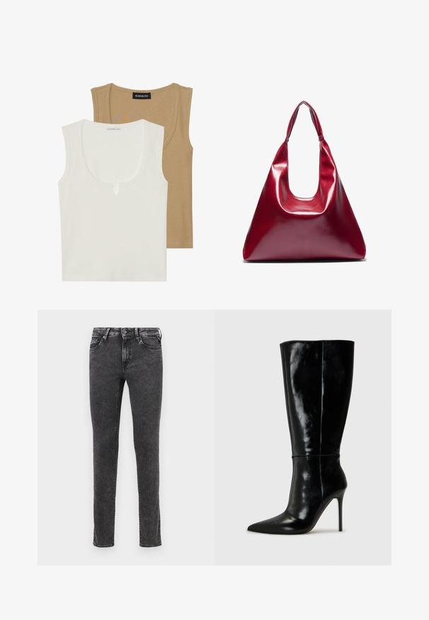 Du dušo marškiniai: vieni kreminiai su apvalia iškirpte ir šiek tiek priekyje išsikišimu, kiti šviesiai rudi, abu su raukšlėta tekstūra ir plačiomis petnešomis.; Juodos džinsai su siauru siluetu, penkių kišenių dizainu ir metaline sagčių uždarymo sistema. Funkcionalus dėvėjimo pašalinimas ir subtilus spalvos blukimas.; Juodos odinės iki kelių ilgio botai su smailiu nosiu ir aukštu stiletto kabliu. Lygi tekstūra ir stilingas dizainas, turintis minimalų detalizuotumą.; Raudona blizganti odinė rankinė, turinti trikampio formą, plačią viršutinę angą ir vieną lenktą rankeną. Lygi tekstūra su minimaliu siuvimo detalėmis.; Sidabro auskarų rinkinys, kuriame yra įvairių dizainų: žiedai, studai ir kabančios stiliai, su rutuliukų akcentais ir smailiais elementais.