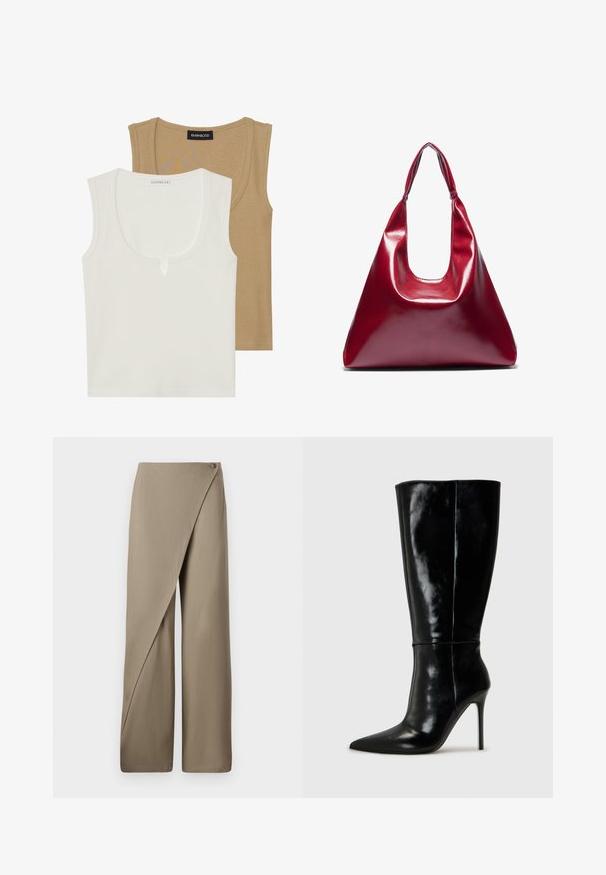 Dve tielka: jedno krémové s okrúhlym výstrihom a jemným detailom vpredu, druhé svetlohnedé, obe s rebrovanou textúrou a širokými ramienkami.; Beige nohavice s širokými nohavicami a prehnutým predným dielom, s jedným gombíkom a hladkým, ľahkým textilným povrchom.; Čierne kožené čižmy po kolená s špicatou špičkou a vysokým stiletto podpätkom. Hladká textúra a elegantný dizajn s minimálnymi detailmi.; Červená lesklá kožená kabelka trojuholníkového tvaru so širokým vrchným otvorom a jedným zakriveným uchom. Hladký povrch s minimálnymi švami.; Sada strieborných náušníc s rôznymi dizajnmi: kruhové, puzety a visiace štýly, s okrúhlymi akcentmi a špicatými prvkami.