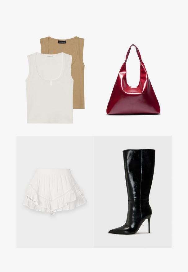 Deux débardeurs : l'un crème avec un col rond et un léger détail à l'avant, l'autre marron clair, tous deux avec une texture côtelée et des bretelles larges.; Jupe blanche avec des volants superposés, fabriquée en tissu léger. Comprend des coutures décoratives le long des coutures et une taille ajustée.; Bottes noires en cuir, hautes jusqu'au genou, avec un bout pointu et un talon aiguille haut. Texture lisse et design épuré, avec un minimum de détails.; Sac à main en cuir laqué rouge de forme triangulaire, avec une large ouverture en haut et une seule anse courbée. Texture lisse avec des détails de couture minimaux.