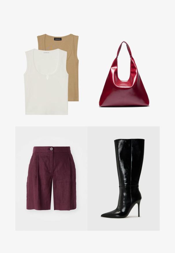 Two tank tops: one cream with a scoop neck and slight front detail, the other light brown, both with a ribbed texture and wide straps.; Burgundy linen shorts with a tailored fit, featuring a button closure, front pleats, and side pockets, smooth texture, and knee-length design.; Black leather knee-high boots with a pointed toe and high stiletto heel. Smooth texture and sleek design, featuring minimal detailing.; Red glossy leather handbag with a triangular shape, wide top opening, and a single curved handle. Smooth texture with minimal stitching details.