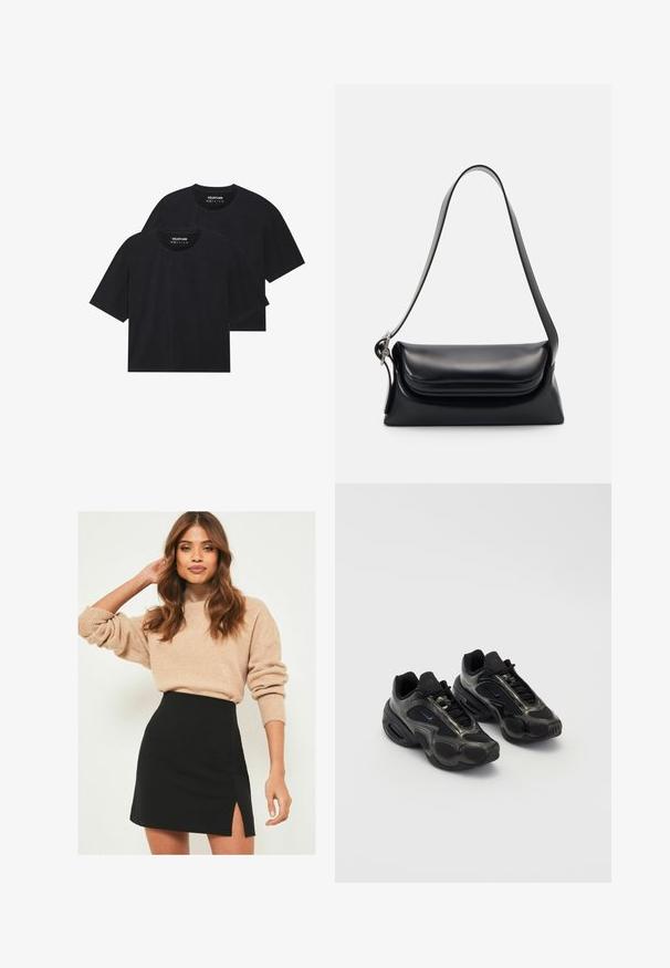 Fekete pamut pólók laza szabásban, rövid ujjakkal és kerek nyakkivágással. Két darab látható, sima textúrával.; Beige kötött pulóver bordás mandzsettával, fekete mini szoknyával párosítva, amely oldalsó hasítékkal rendelkezik. Az öltözet laza, de mégis testhezálló sziluettet ad.; Fekete sportcipők szintetikus anyagból, hálós betétekkel és kerek talppal. Felszereltsége tartalmaz egy fűzőrendszert és egy hangsúlyos Nike logót a nyelvén.; Fekete bőr kézitáska, amelynek struktúrált formája, sima textúrája és egyetlen vállpántja van. Finom, lekerekített fedél kialakítással rendelkezik.; Ezüst Casio kvarcóra téglalap alakú számlappal, analóg és digitális kijelzőkkel, rozsdamentes acél karkötővel és vízálló tulajdonságokkal.