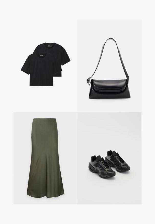 Melni kokvilnas t-krekli brīvā piegriezumā ar īsām piedurknēm un apaļu kakla izgriezumu. Parādīti divi eksemplāri ar gludu faktūru.; Olive zaļā, pieguļošā midi svārku izgatavota no satīna auduma, ar platāku apakšmalu, novietota uz balta fona.; Melnas sporta kurpes ar sintētisko materiālu, acs akcentiem un noapaļotiem zoli. Iezīmējas ar saites sistēmu un izteiksmīgu Nike logo uz mēles.; Melnas ādas rokassoma ar strukturētu formu, gludu tekstūru un vienu plecu siksnu. Raksturīga diskreta, noapaļota vāka dizains.; Sudraba Casio kvarts pulkstenis ar taisnstūra formu, analogo un digitālo displeju, nerūsējošā tērauda aproce un ūdensizturīgas īpašības.