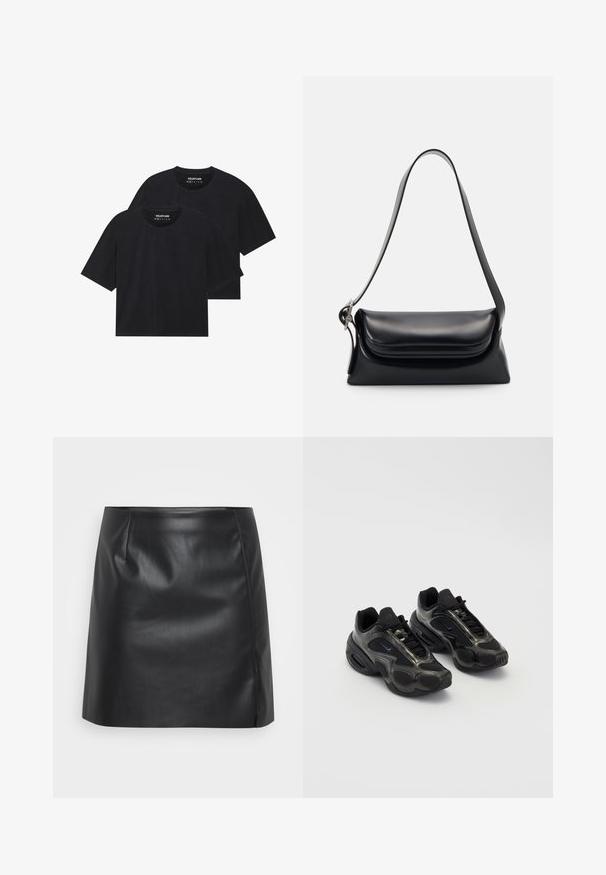 T-shirts en coton noir à coupe décontractée, avec des manches courtes et un col rond. Deux exemplaires présentés, avec une texture lisse.; Mini jupe en cuir noir avec une texture lisse, présentant une forme légèrement évasée, des plis à l'avant et une couture latérale pour plus de détails.; Chaussures de sport noires en matériau synthétique, avec des accents en mesh et des semelles arrondies. Équipées d'un système de laçage et d'un logo Nike bien visible sur la languette.; Sac à main en cuir noir avec une forme structurée, une texture lisse et une seule bandoulière. Présente un design de rabat arrondi et subtil.; Montre à quartz Casio argentée avec un cadran rectangulaire, affichages analogiques et numériques, bracelet en acier inoxydable et caractéristiques de résistance à l'eau.