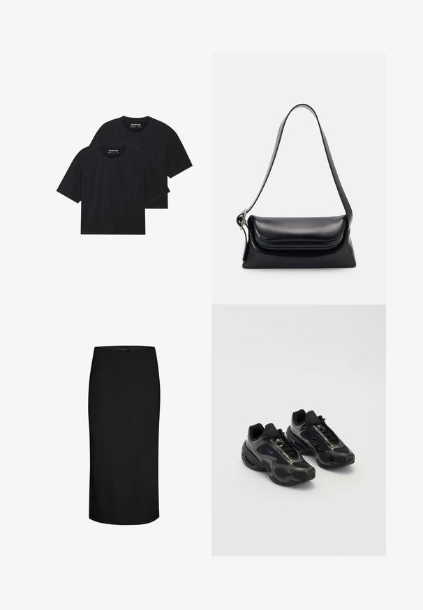 Zwarte katoenen t-shirts in een relaxte pasvorm, met korte mouwen en een ronde halslijn. Twee stuks weergegeven, met een zachte textuur.; Zwarte kokerrok van een gladde stof, met een getailleerd ontwerp, knielange snit en een asymmetrische naaddetail aan één kant.; Zwarte sportieve schoenen van synthetisch materiaal, met gaasaccenten en ronde zolen. Beschikt over een vetersysteem en een opvallend Nike-logo op de tong.; Zwarte leren handtas met een gestructureerde vorm, een gladde textuur en een enkele schouderband. Heeft een subtiele, afgeronde klepontwerp.; Zilverkleurige Casio kwarts horloge met rechthoekige wijzerplaat, analoge en digitale displays, roestvrijstalen band en waterbestendige eigenschappen.