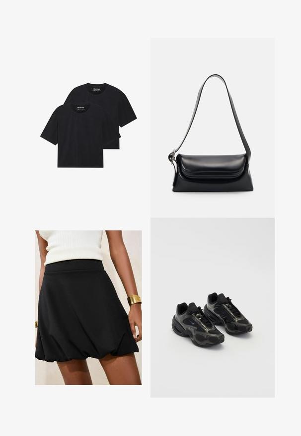 Melni kokvilnas t-krekli brīvā piegriezumā ar īsām piedurknēm un apaļu kakla izgriezumu. Parādīti divi eksemplāri ar gludu faktūru.; Melnā A-formas svārku ar savāktu apakšmalu, izgatavoti no gludas auduma. Valkāta ar krēma krāsas topu un zelta aproci uz rokas.; Melnas sporta kurpes ar sintētisko materiālu, acs akcentiem un noapaļotiem zoli. Iezīmējas ar saites sistēmu un izteiksmīgu Nike logo uz mēles.; Melnas ādas rokassoma ar strukturētu formu, gludu tekstūru un vienu plecu siksnu. Raksturīga diskreta, noapaļota vāka dizains.; Sudraba Casio kvarts pulkstenis ar taisnstūra formu, analogo un digitālo displeju, nerūsējošā tērauda aproce un ūdensizturīgas īpašības.