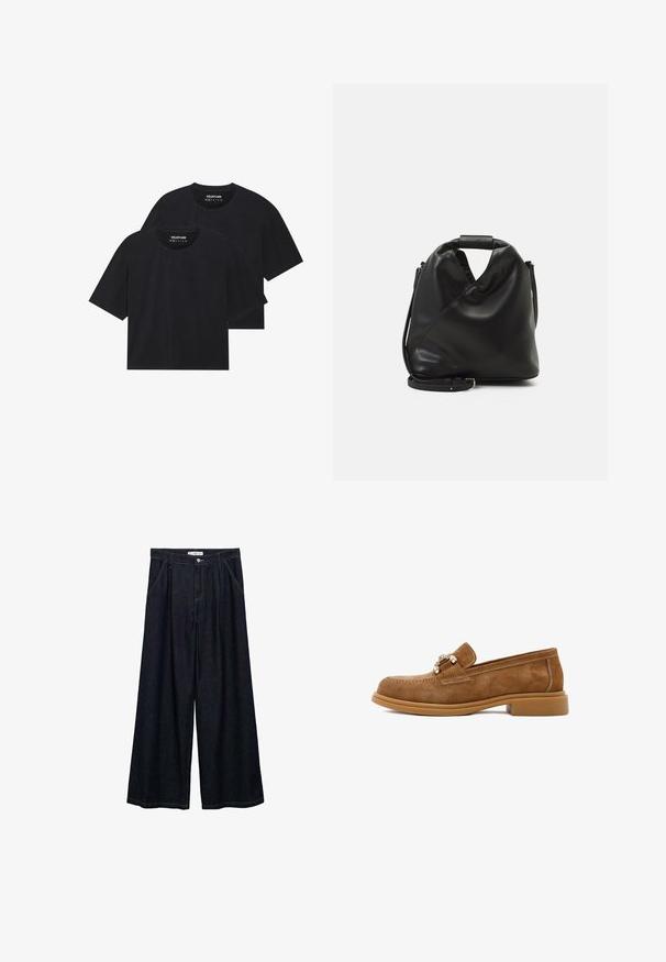Camisetas de algodón negras en un corte relajado, con mangas cortas y escote redondo. Se muestran dos piezas, con una textura suave.; Pantalones de mezclilla oscuros de pierna ancha con una cintura alta, que cuentan con un cierre de botón en la parte delantera, dos bolsillos laterales y detalles de costura.; Mocasines de ante marrón con un bajo tacón de goma, con herrajes metálicos decorativos y costuras en contraste a lo largo de la parte superior.; Bolso de cuero negro y suave con un diseño retorcido único. Presenta un asa corta y una correa de hombro desmontable. Estilo minimalista.
