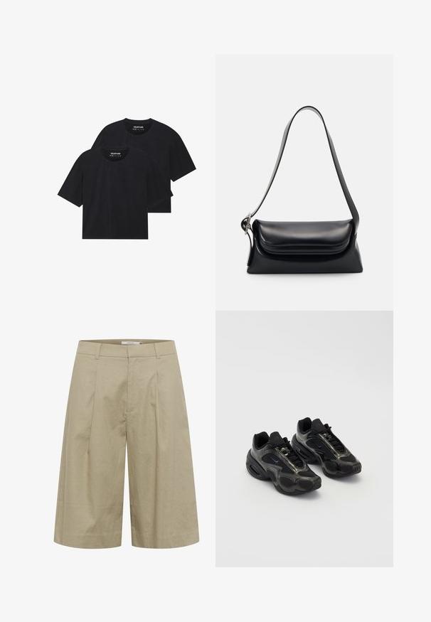 Camisetas de algodón negras en un corte relajado, con mangas cortas y escote redondo. Se muestran dos piezas, con una textura suave.; Pantalones culottes de lino beige con un diseño de pierna ancha, que presentan pliegues en la parte frontal y una textura suave. La cintura se asienta plana, sin cierres visibles.; Zapatos deportivos negros con material sintético, acentos de malla y suelas redondeadas. Presenta un sistema de cordones y un destacado logo de Nike en la lengüeta.; Bolso de piel negra con una forma estructurada, una textura suave y una sola correa para el hombro. Presenta un diseño de tapa sutil y redondeado.; Reloj de cuarzo Casio plateado con esfera rectangular, displays analógico y digital, pulsera de acero inoxidable y características de resistencia al agua.