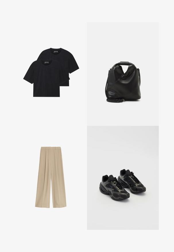 Czarne bawełniane koszulki w luźnym kroju, z krótkim rękawem i okrągłym dekoltem. Pokazane są dwa egzemplarze o gładkiej fakturze.; Beżowe spodnie o szerokich nogawkach z gładką teksturą, z dwoma bocznymi kieszeniami i płaskim paskiem w talii, zaprojektowane z myślą o luźnym kroju.; Czarne buty sportowe wykonane z materiałów syntetycznych, z siateczkowymi akcentami i zaokrąglonymi podeszwami. Wyposażone w system sznurowania oraz wyraźne logo Nike na języku.; Czarna, miękka skórzana torba o unikalnym skręconym wzorze. Posiada krótki uchwyt oraz odpinany pasek na ramię. Styl minimalistyczny.; Srebrny zegarek kwarcowy Casio z prostokątną tarczą, wyświetlaczami analogowymi i cyfrowymi, stalową bransoletą oraz funkcjami wodoodporności.