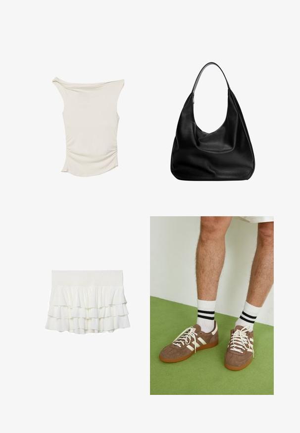 Cremefarbenes Oberteil aus glattem Stoff mit schulterfreier Gestaltung, gerafften Details an den Seiten und einem geschwungenen Saum.; Weißer, gestufter Rüschensaumrock mit Gummibund, bestehend aus einem leichten, strukturierten Stoff und einem ausgestellten Design.; Braune Wildleder-Sneaker mit weißen Akzenten und Schnürsenkeln. Gummisohle in Kautschuk-Optik. Getragen mit weißen Socken, die schwarze Streifen haben. Grüner strukturierter Fußboden.; Schwarze Leder-Hobo-Tasche mit einem lässigen Design, breitem Schultergurt und glatter Textur. Verfügt über einen seitlichen Reißverschluss.