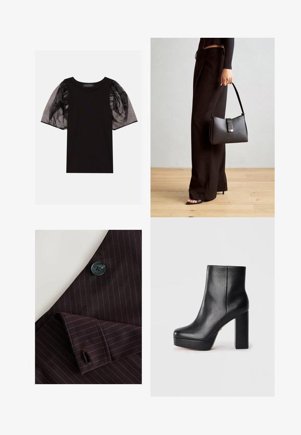 Czarna bluzka z żeberkowanym materiałem i krótkimi, przezroczystymi czarnymi rękawami typu puff. Posiada marszczenia na rękawach oraz okrągły dekolt.; Marsala w paski materiał z czarnym guzikiem i dopasowanym mankietem. Zawiera drobne paski i detal w postaci przeszytego otworu na guzik.; Czarne skórzane botki na platformie z kwadratowym noskiem i grubym, wysokim obcasem, przedstawione z boku na białym tle.; Czarna torebka o usztywnionym kształcie, gładkiej fakturze i metalowym zapięciem. Połączona z szerokimi czarnymi spodniami i sandałami na otwartym palcu na drewnianej podłodze.
