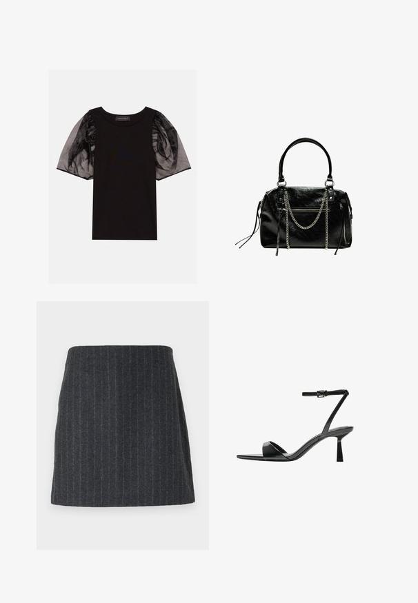 Zwarte top van ribstof met korte, doorschijnende zwarte pofmouwen. Heeft gather-details op de mouwen en een ronde halslijn.; Donkergrijze mini-jurk van gestructureerde stof met verticale streepjes. Rechte snit met een elastische tailleband en een gladde afwerking.; Bershka Sandalen met hoge hak - black; Bershka WITH CHAIN - Handtas - black