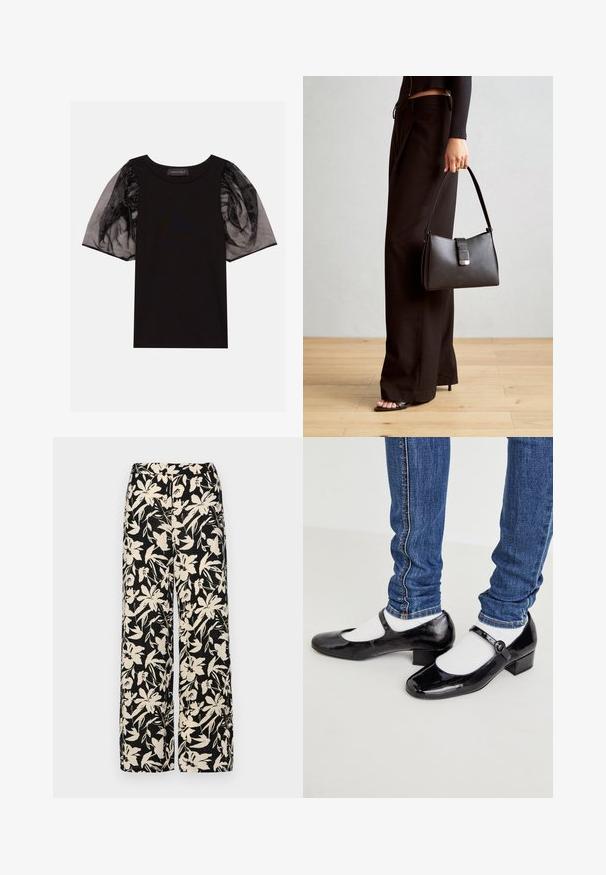 Čierny top s rebrovanou tkaninou a krátkymi, priesvitnými čiernymi balónovými rukávmi. Obsahuje zhromaždené detaily na rukávoch a okrúhly výstrih.; Čierne nohavice s širokými nohavicami a krémovým kvetinovým vzorom. Vyrobené z ľahkej látky, s hladkou textúrou a vysokým pásom.; Čierne lakované Mary Jane topánky so štvorcovou špičkou, malým podpätkom a členkovým popruhom, doplnené bielymi ponožkami a modrými skinny džínsami.; Čierna kabelka so štruktúrovaným tvarom, hladkou textúrou a kovovou sponou. V kombinácii so širokými čiernymi nohavicami a sandálmi s otvorenou špičkou na drevenej podlahe.