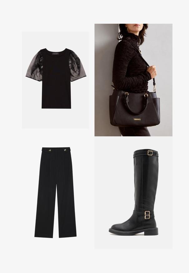 Top negro de tela acanalada con cortas mangas abullonadas y semi-transparentes. Presenta detalles fruncidos en las mangas y un cuello redondo.; Pantalones de pierna ancha negros con cintura alta, detalles de botones en la cinturilla y pliegues en la parte delantera.; Botas negras hasta la rodilla de cuero suave con punta redondeada, tacón grueso y doble hebilla dorada en la correa del tobillo.; Bolso negro con superficie texturizada, doble asa superior y correa para hombro ajustable. Presenta herrajes en tono dorado y bolsillos laterales.